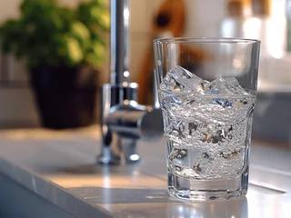 Foto op Plexiglas Close up the purified fresh drink water from the bottle on table in living room © Nadezda Ledyaeva