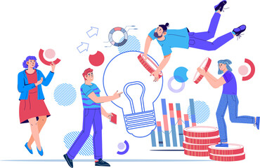 Business investors hold money and financing ideas and creative project, flat  illustration. Investment and business cooperation, raising finance.