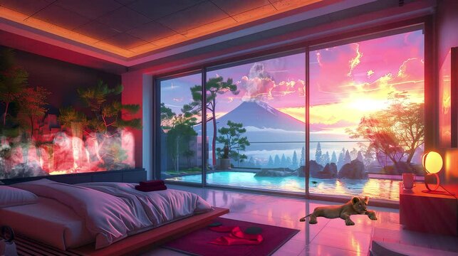 Surreal lo-fi bedroom overlooking a serene landscape with a volcanic backdrop, perfect for VTuber streaming or as a calming video background. A tranquil retreat with ambient vibes.