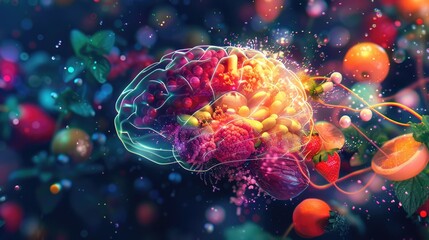 3D illustrating the brains transformation through diet, with swirling colors representing nutrients flowing from a cornucopia of fruits, vegetables, and supplements into a glowing brain silhouette - obrazy, fototapety, plakaty