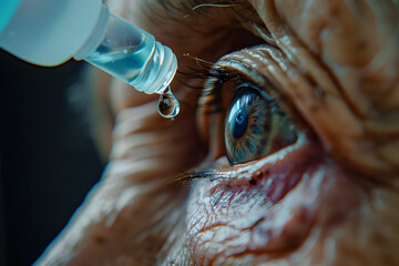 A close-up photo capturing the moment eye drops are administered to an elderly person - obrazy, fototapety, plakaty