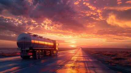 A tanker truck drives along a scenic road at sunset as the sky glows in hues of orange and pink - obrazy, fototapety, plakaty