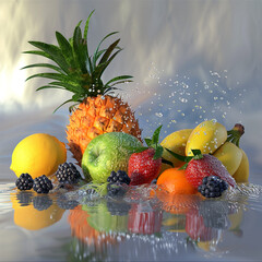 3d rendered photo of Delicious fruits with water