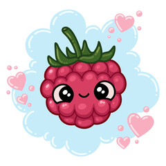 Cute raspberry character. Adorable berry mascot design.  Colorful vector illustration for t-shirt print, funny cards and posters