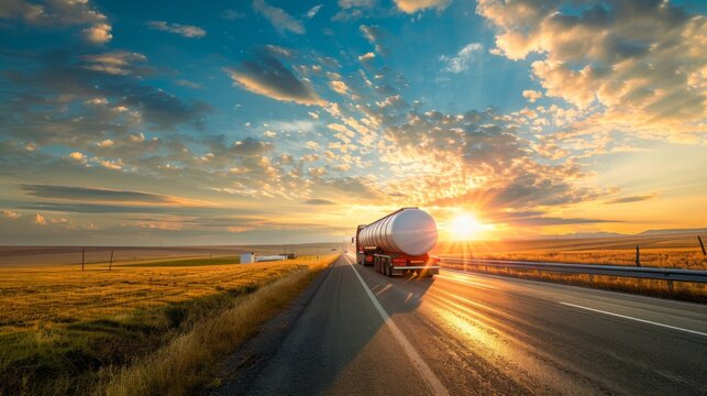 Fuel truck moves towards the horizon on a bright sunny day