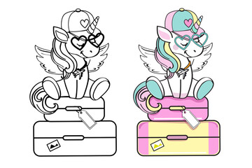 Cute unicorn traveler sits on a suitcase. Vector illustration in color and black and white one line. Coloring book for children