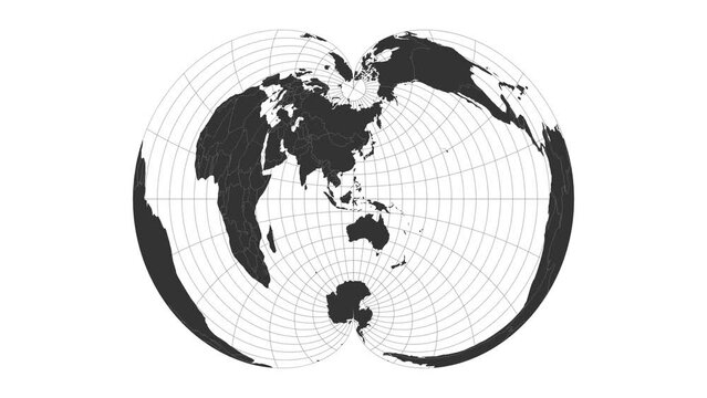 World map. American polyconic projection. Animated projection. Loopable video.