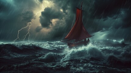 In the heart of a stormy sea, a sturdy fishing boat battles against towering waves, its sails billowing in the fierce wind. - obrazy, fototapety, plakaty