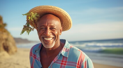 A man wearing a straw hat and smiling on a beach - obrazy, fototapety, plakaty