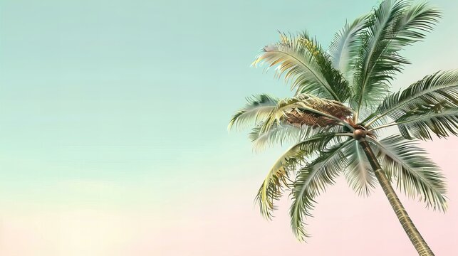 palm tree isolated on blue sky background, presentation with copy space