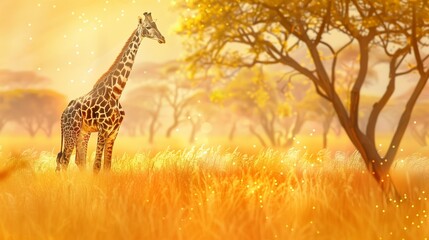 In the heart of the African savanna, a regal giraffe stands tall against a backdrop of golden grass and acacia trees.