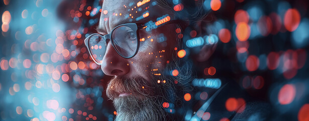 Corporate professionals in action, overlaid with a futuristic digital network interface