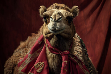 A detailed close-up of an anthropomorphic camel, sporting an Armani silk ascot, set against a rich burgundy background. - obrazy, fototapety, plakaty