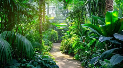 botanical garden with lush greenery, tropical plants 