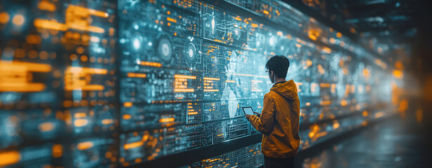 Corporate professionals in action, overlaid with a futuristic digital network interface