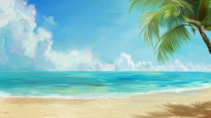 beach with palm tree, white clouds and blue sky presentation background, holiday vacation concept