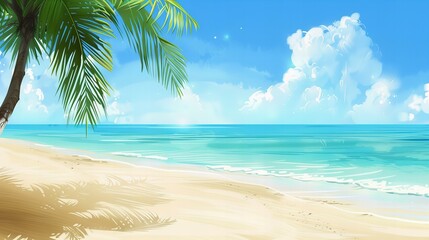Fototapeta na wymiar beach with palm tree and blue sky presentation background, holiday vacation concept