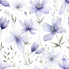 Fototapeta na wymiar Watercolor lilac flowers on white, floral seamless pattern. Spring design for fabric, wallpaper and printed products.