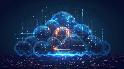 Visual depiction of cloud security concept, showcasing a cloud icon secured with a biometric fingerprint padlock, emphasizing data protection and security measures in cloud technology.