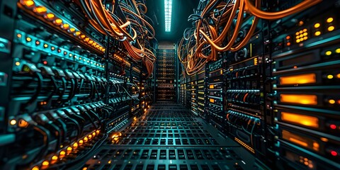 Explore a network operation center with rows of servers and cables showcasing the vast internet infrastructure. Concept Data Center, Network Operations, Server Racks, Internet Infrastructure - obrazy, fototapety, plakaty