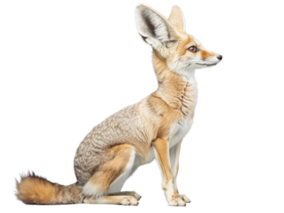 sitting fennec desert fox cutout from sahara isolated on white, side view
