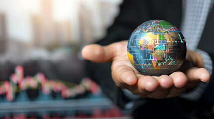 Businessman's Hand Holding Globe with Financial Charts - obrazy, fototapety, plakaty