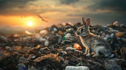 Polluted world. Garbage and waste. Animals suffer from pollution. Ecological disaster concept. AI-generated. - obrazy, fototapety, plakaty
