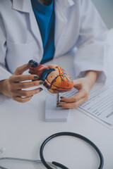 Doctor explaining heart to elderly patient. Doctor explaining the heart model. Doctors pen point to a model of the heart