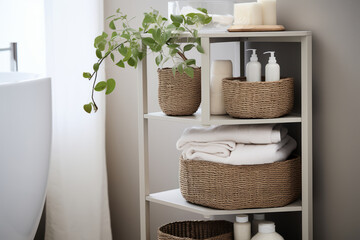 Elegant Bathroom Corner with Organic Products and Fresh Greenery