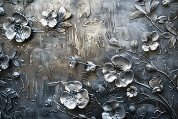 Tarnished silver metal background texture with floral relief pattern. Background image. Created with Generative AI technology. - obrazy, fototapety, plakaty