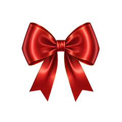 Red satin bow with long ribbons transparent isolated object for celebration or decoration