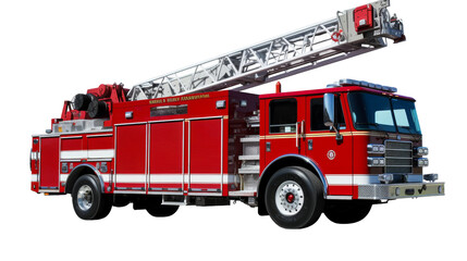 A red fire truck with a ladder extending from its roof