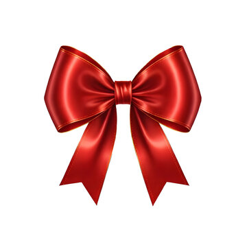 Red satin bow with long ribbons transparent isolated object for celebration or decoration