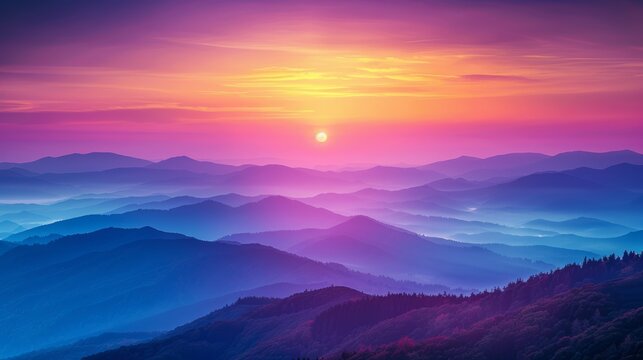 Sun Setting Over Mountains With Purple Flowers