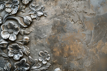 Tarnished silver metal background texture with floral relief pattern. Background image. Created with Generative AI technology. - obrazy, fototapety, plakaty