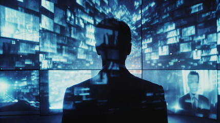 A man in front of a wall of screens displaying different videos.