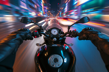 First-person view of rider speed down night city street on sports motorbike, hands clutching the handles with motion blur effect. Concept of speed and adrenaline - obrazy, fototapety, plakaty