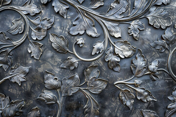Tarnished silver metal background texture with floral relief pattern. Background image. Created with Generative AI technology.
