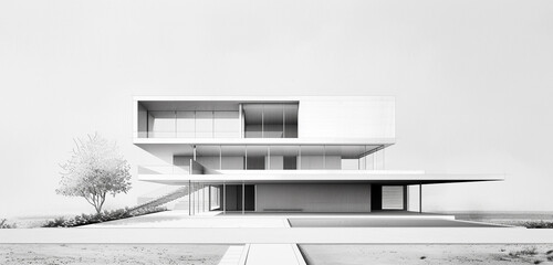 Draw a contemporary home featuring minimalist architecture, placed on a light gray background