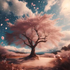 A big cherry tree in the middle with falling petals, blue sky with white clouds, and warm spring sunlight