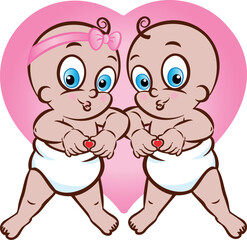 Vector illustration of a baby boy and girl in diapers making a heart sign or shape - 766466757