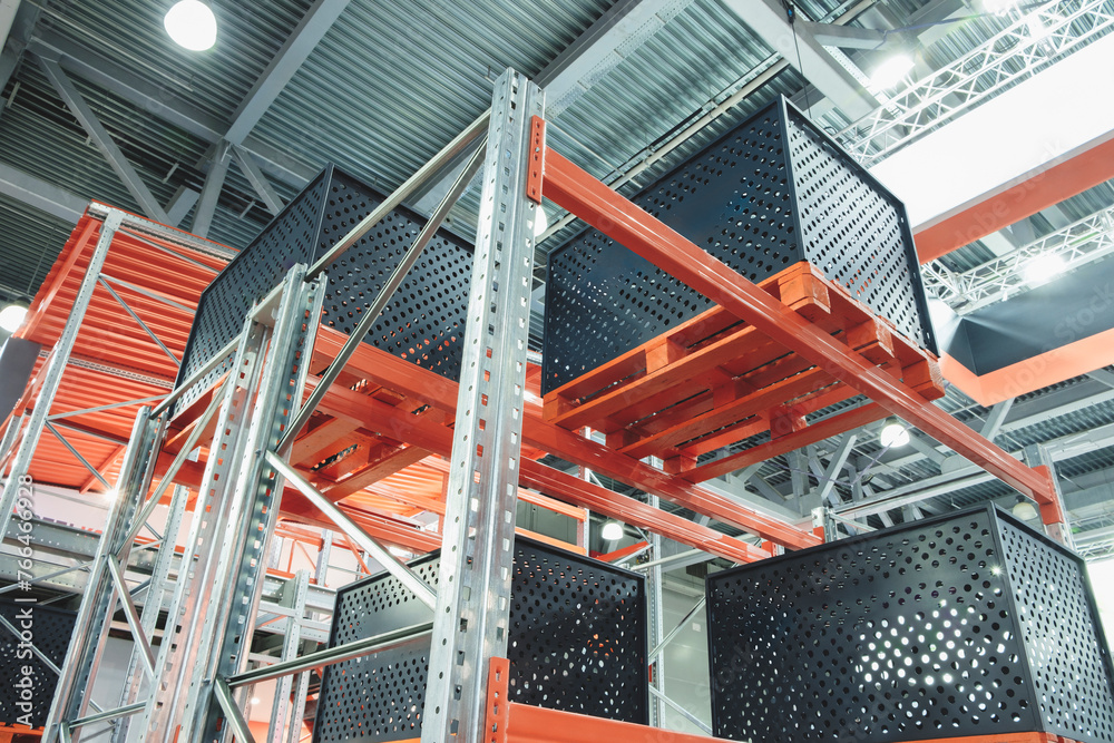 Poster modern distribution warehouse with boxes on racks