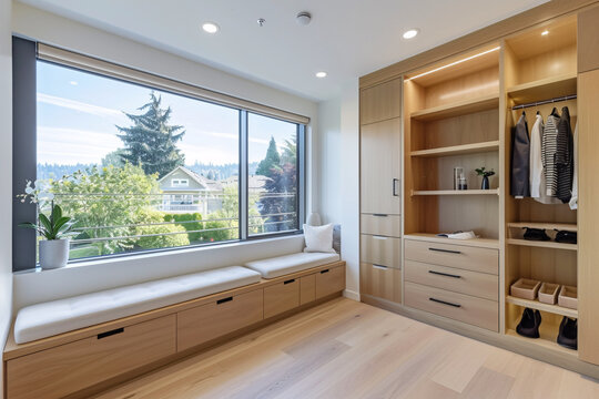 A large room with a wooden closet and a window