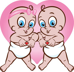 Vector illustration of a baby boy and girl in diapers making a heart sign or shape - 766467116