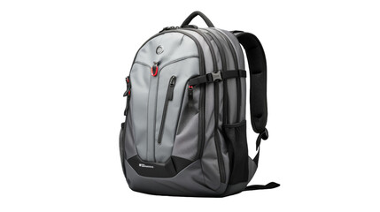 A gray backpack with a single black strap hanging in a mysterious setting