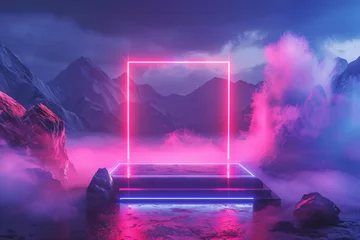 Foto op Plexiglas Empty podium for product display with glowing neon square frame against backdrop with mountains range. Abstract futuristic background © Lazy_Bear
