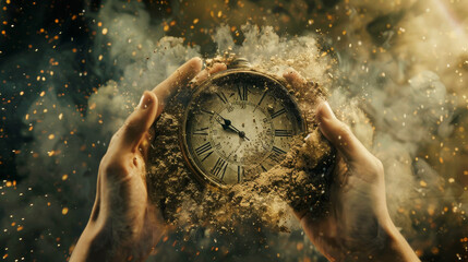 Clock is dissolve in to dust in hands, running out of time concept. - obrazy, fototapety, plakaty
