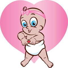 Vector illustration of a baby  girl in diaper making a heart sign or shape - 766467376