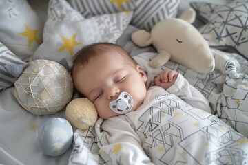 A cute newborn baby sleeping on the bed with a pacifier in his mouth