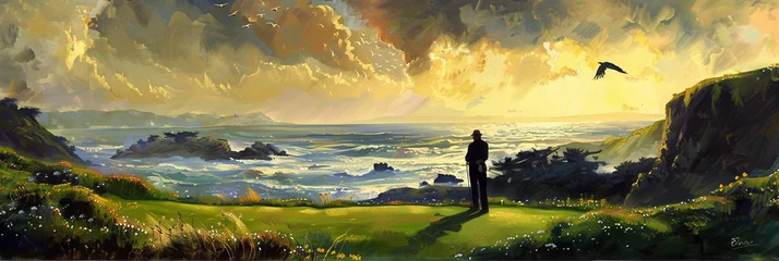 Gordijnen silhouette of a man next to the ocean  © ulugbek